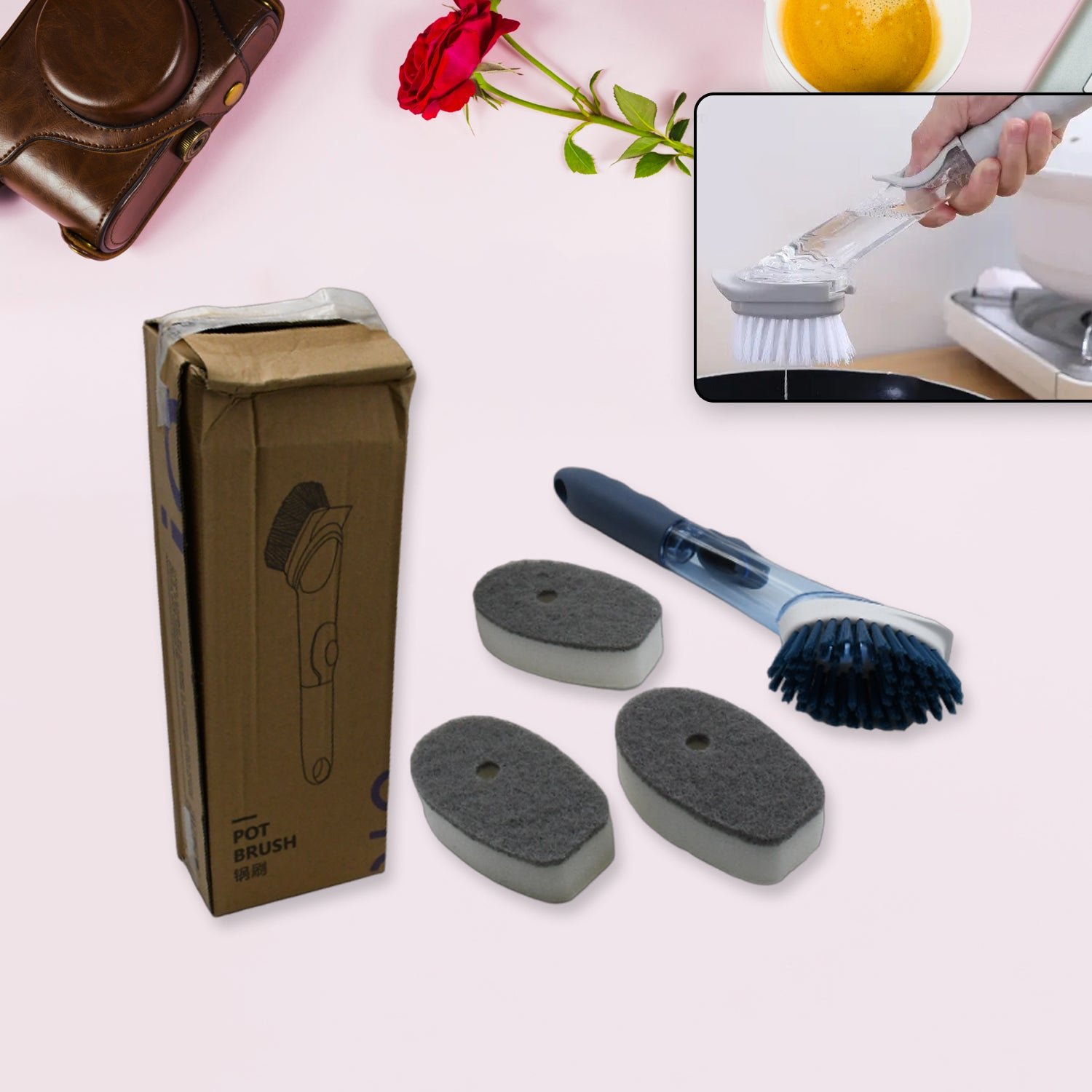 Soap Dispensing Dish Brush – 1 Handle & 3 Refills | VelvetBubbles