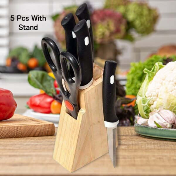 Kitchen Knife Set – 5-Piece Black Set with Wooden Block & Scissors
