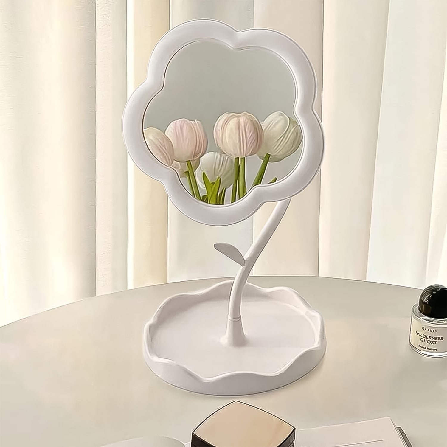 Flower-Shaped Makeup Mirror – Rotatable Vanity Mirror with Tray