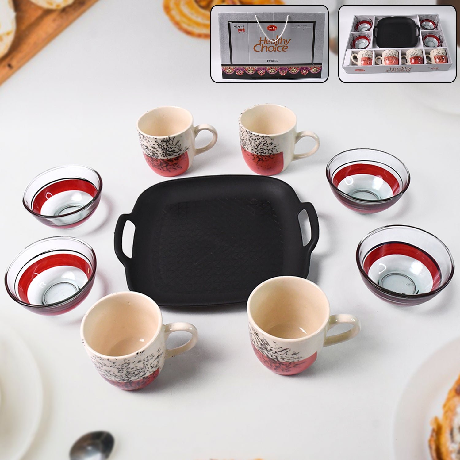 Ceramic Cup and Glass Bowl Set – Stylish 9-Piece Dining Combo