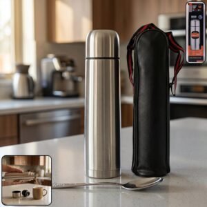 Stainless Steel Vacuum Flask – 1000ML with Carry Bag & Spoon