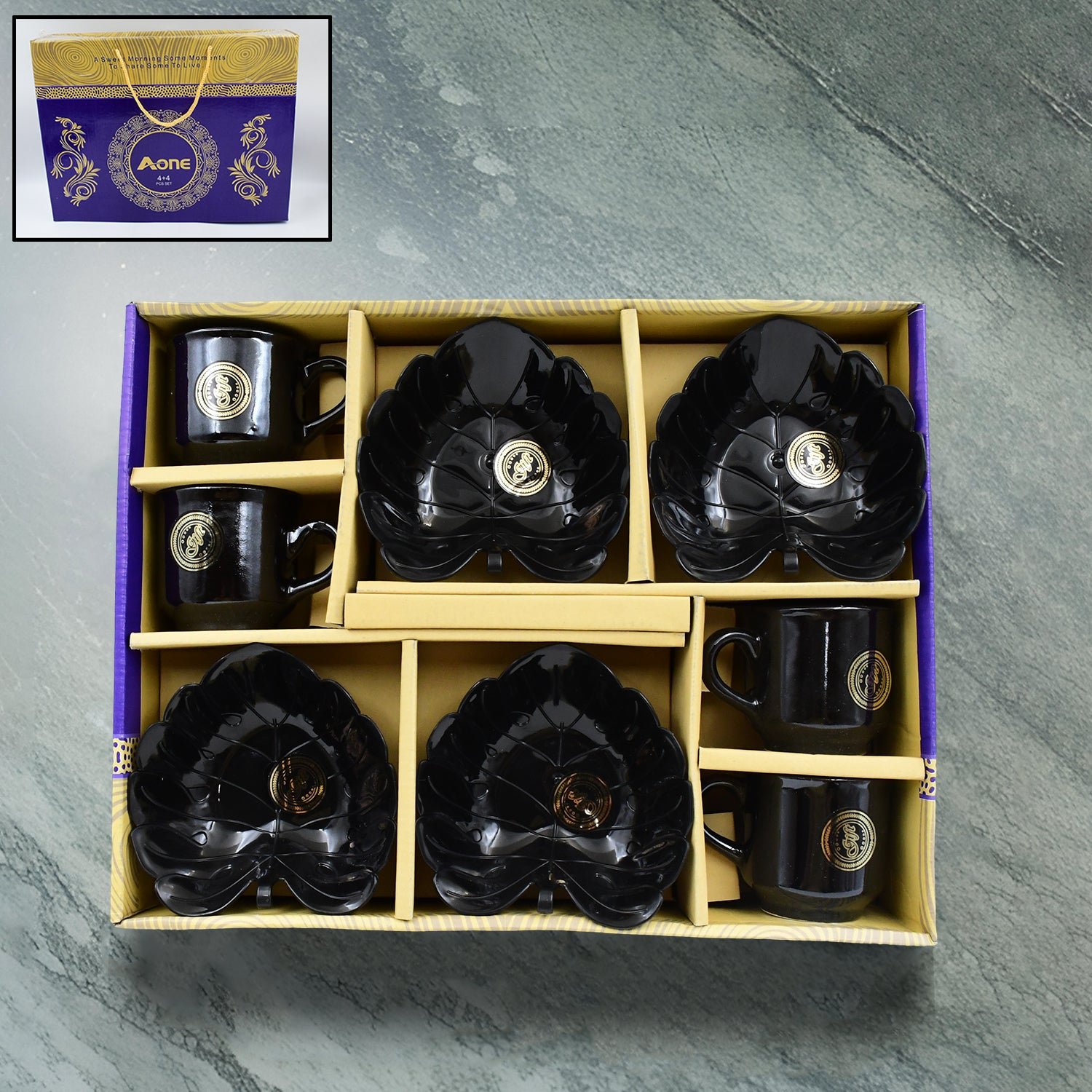 Ceramic Tea Cup Set – 8-Piece with Leaf Serving Bowls | A One