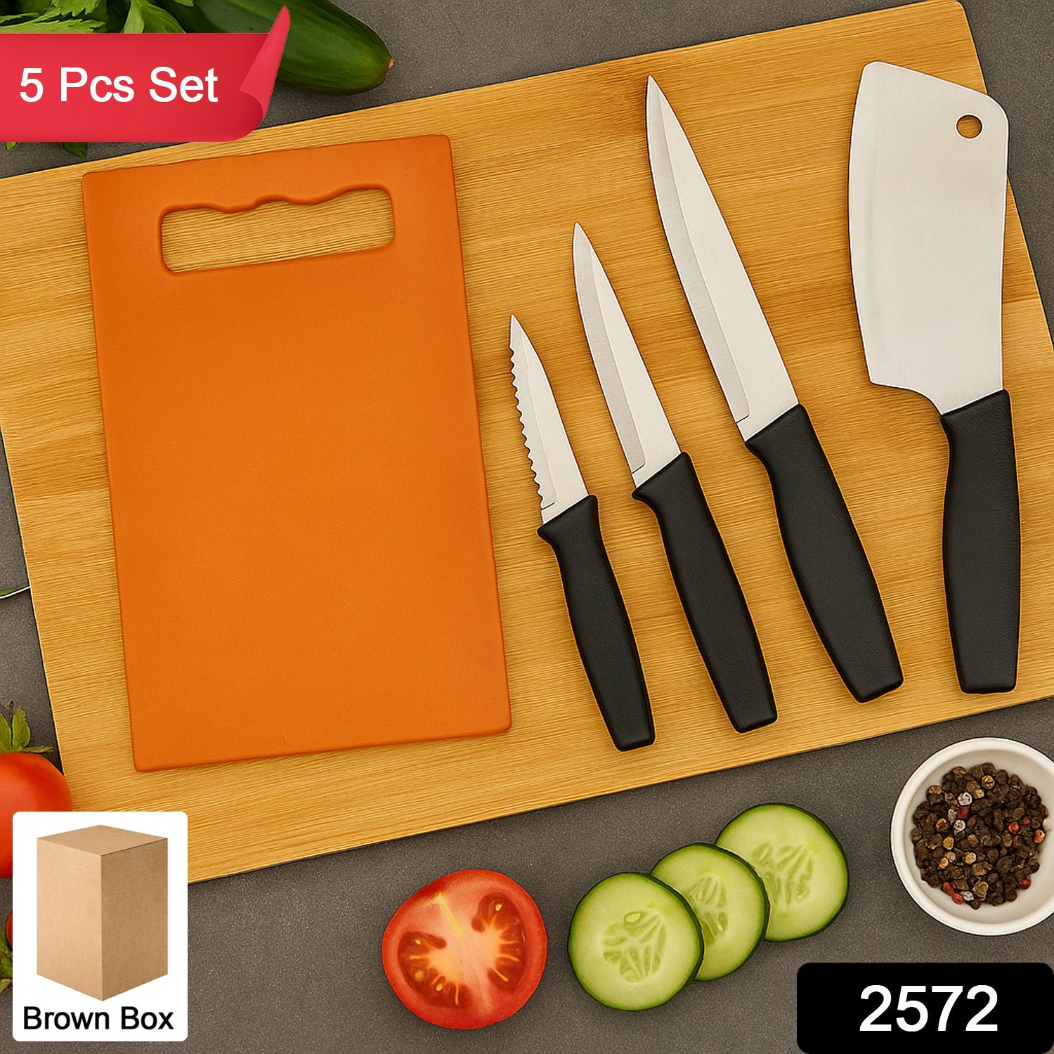 Kitchen Knife Set with Plastic Chopping Board – Pack of 5