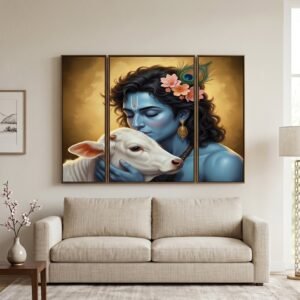Krishna N Cow Wall Art – Vibrant 3 Panel MDF Design for Home