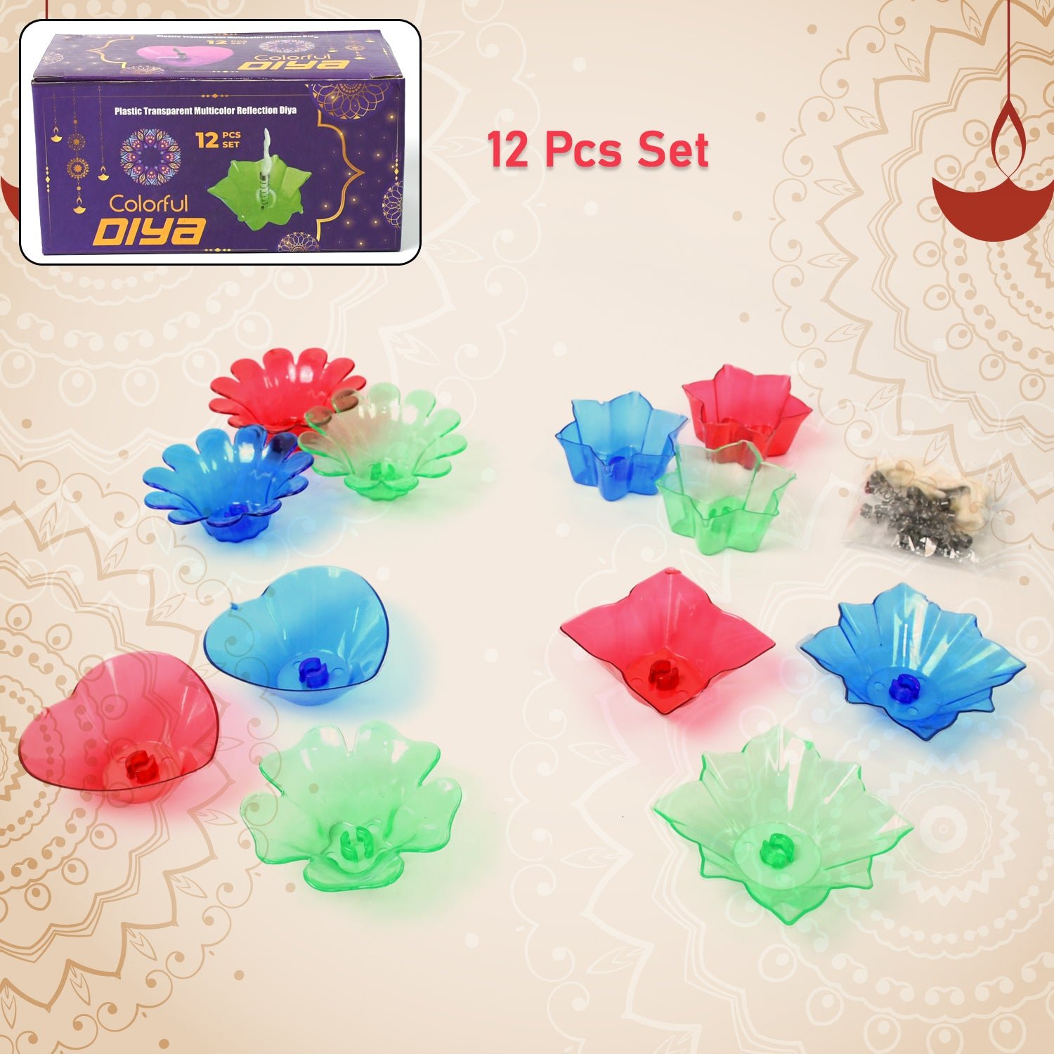 Reflection Diya Set – Colourful Plastic Diyas (12 Pcs) | Indo Glow