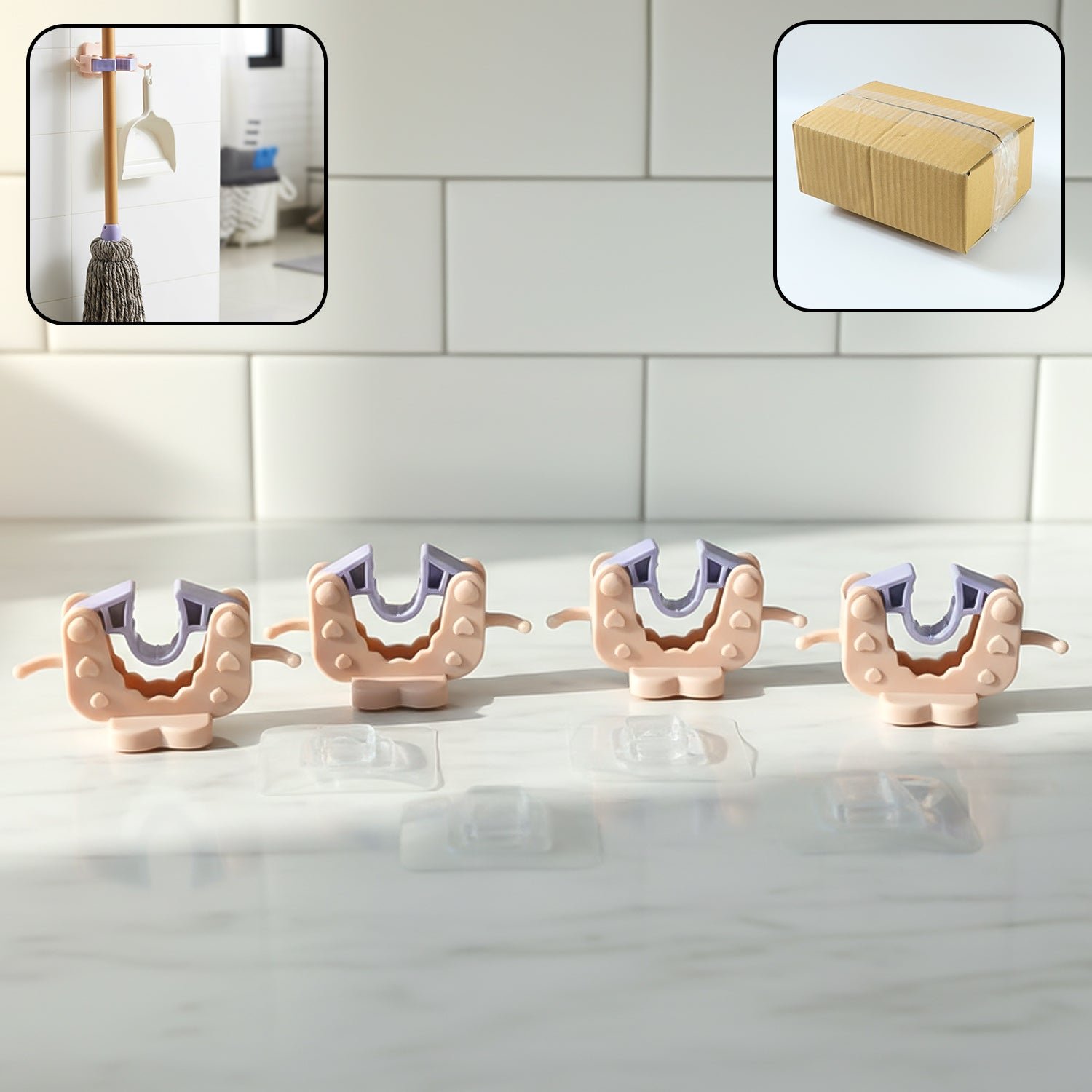 Broom & Mop Holder Clips – Strong Adhesive 4-Pc Wall Storage Set