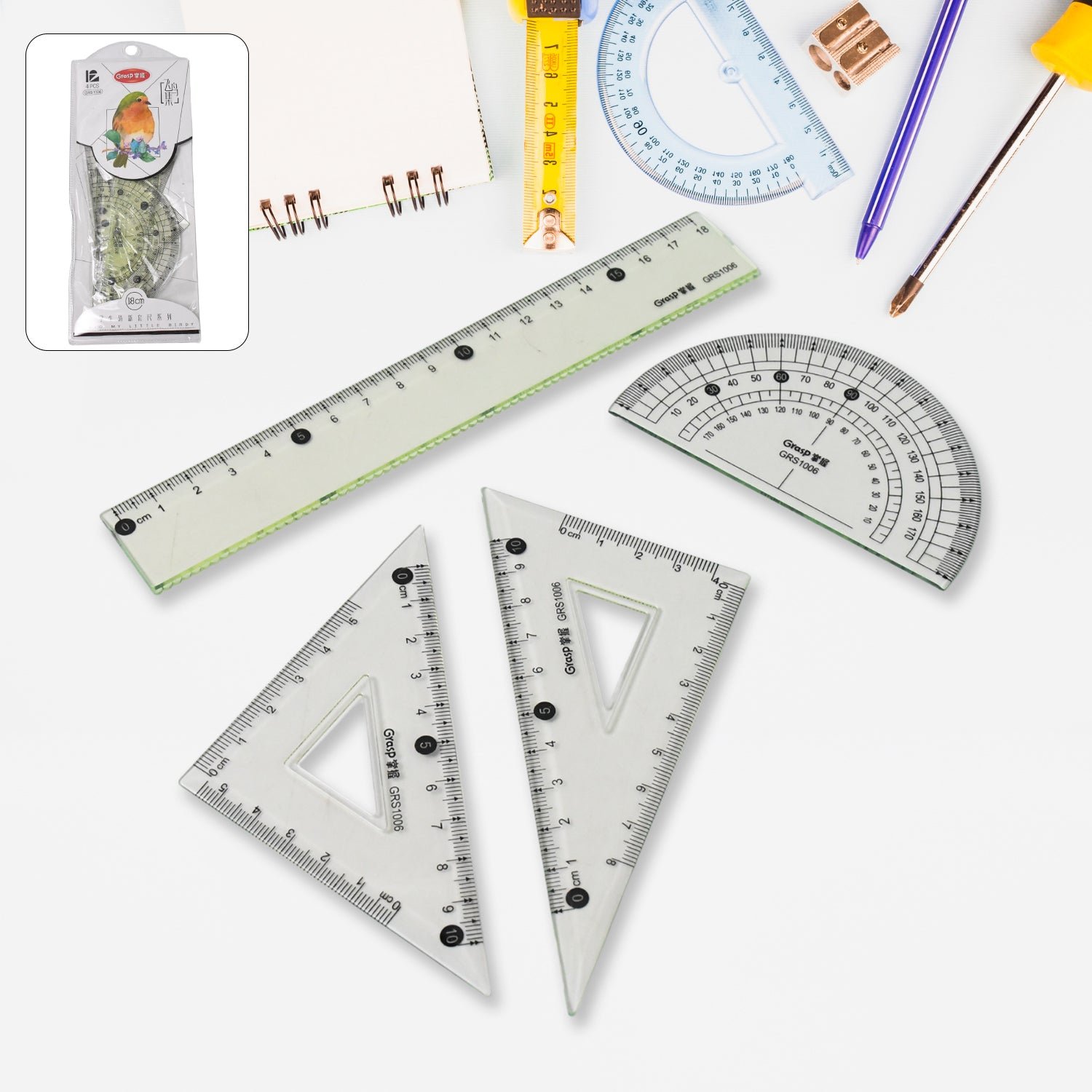 Geometry Set – 4-Piece Transparent Plastic Ruler Kit