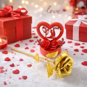 Heart Love Decorative Showpiece – Elegant Golden Rose Gift Set