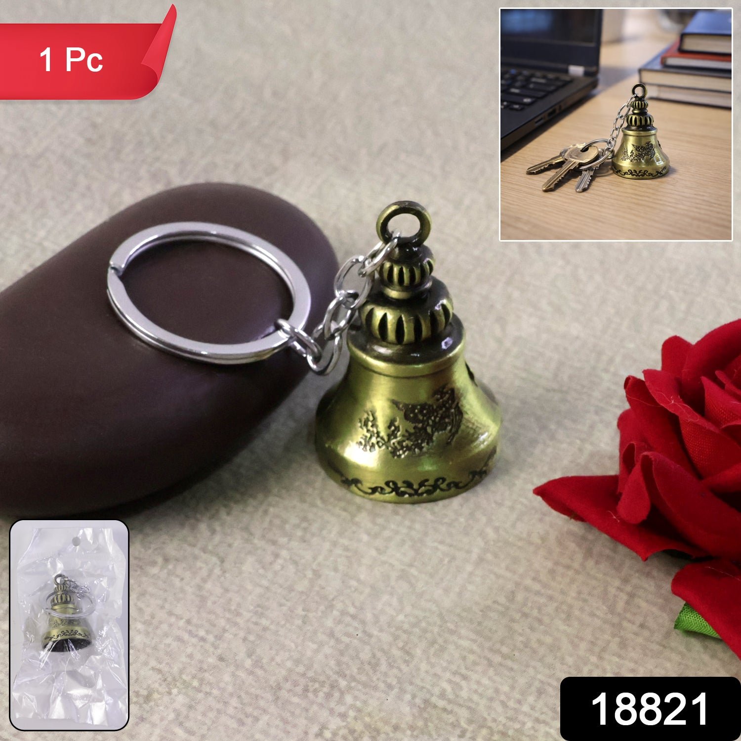 Temple Bell Keychain – Spiritual Metal Charm for Keys and Bags