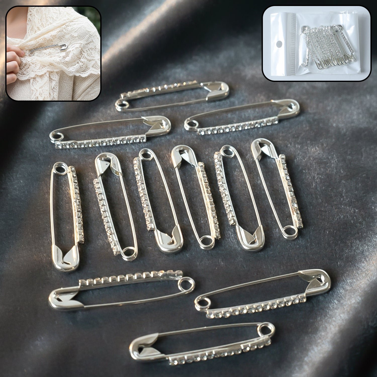 Silver Safety Pin Brooch Set – Elegant Crystal Accent 12 Pc