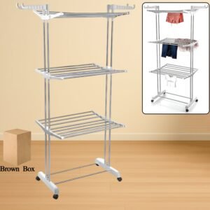 Cloth Drying Stand – 3-Tier Foldable Stainless Steel with Wheels