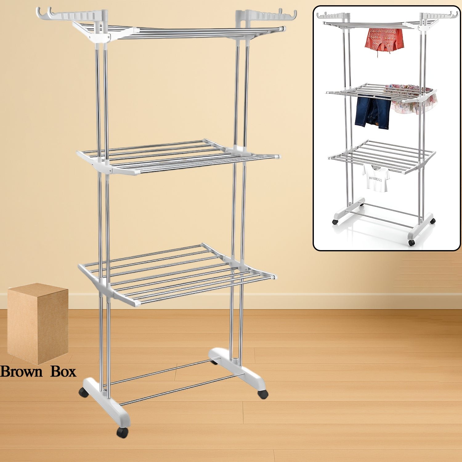 Cloth Drying Stand – 3-Tier Foldable Stainless Steel with Wheels