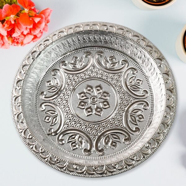 Silver Finish Plastic Pooja Thali – Lightweight & Durable