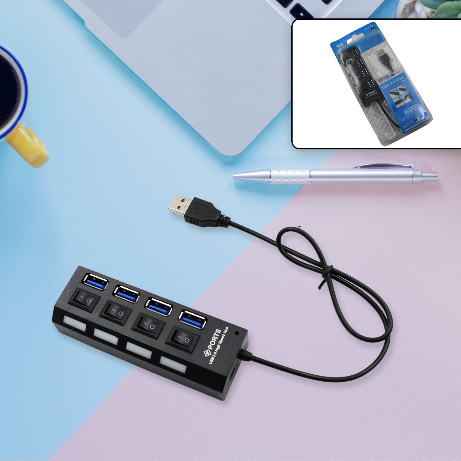 4 Port USB Hub – High-Speed 2.0 Splitter with Switches | Compshop