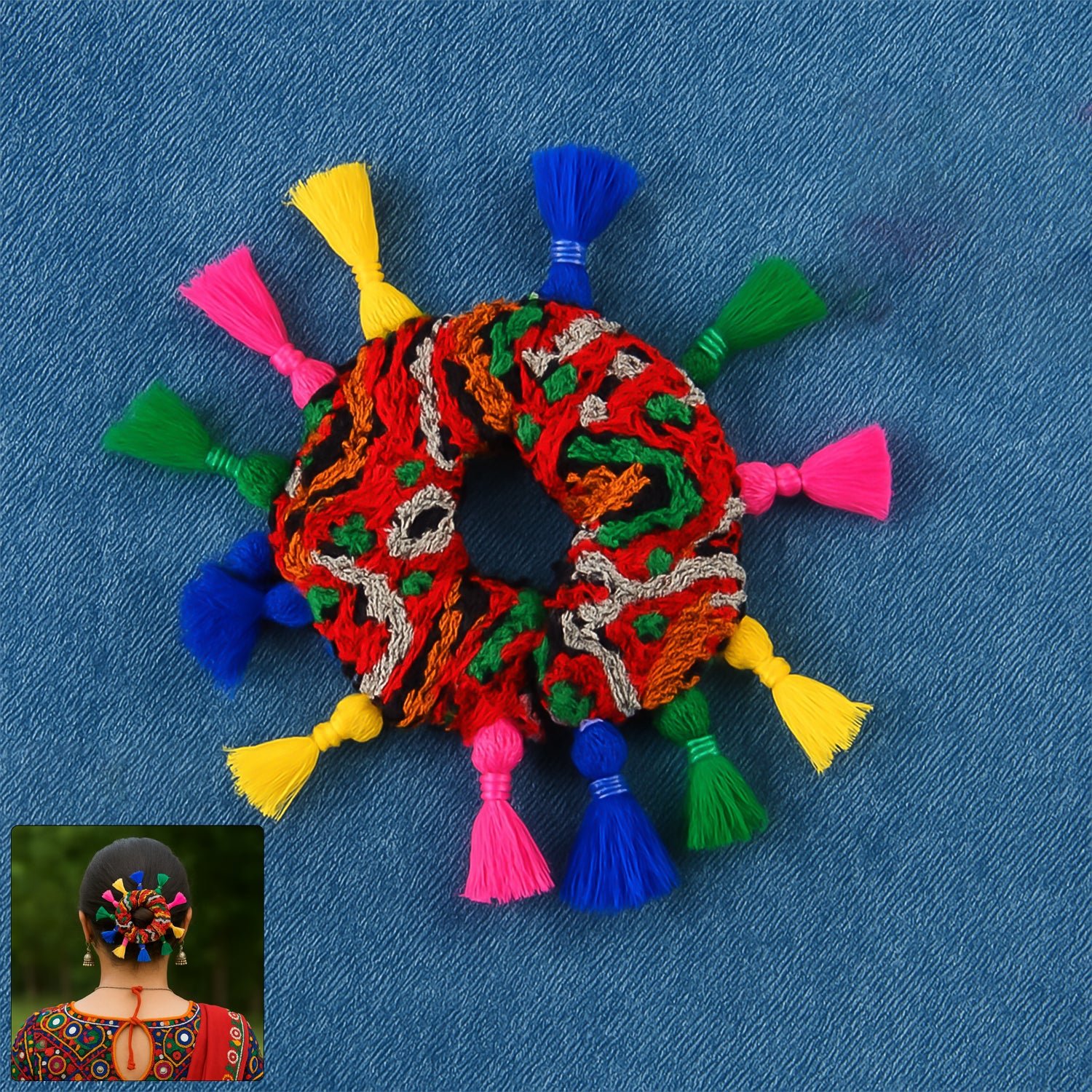 01_ec2c4495-133c-4ede-8fb6-5bc372a712f3 Navratri Hair Bun โ Vibrant Multicolor Tassel Juda Accessory