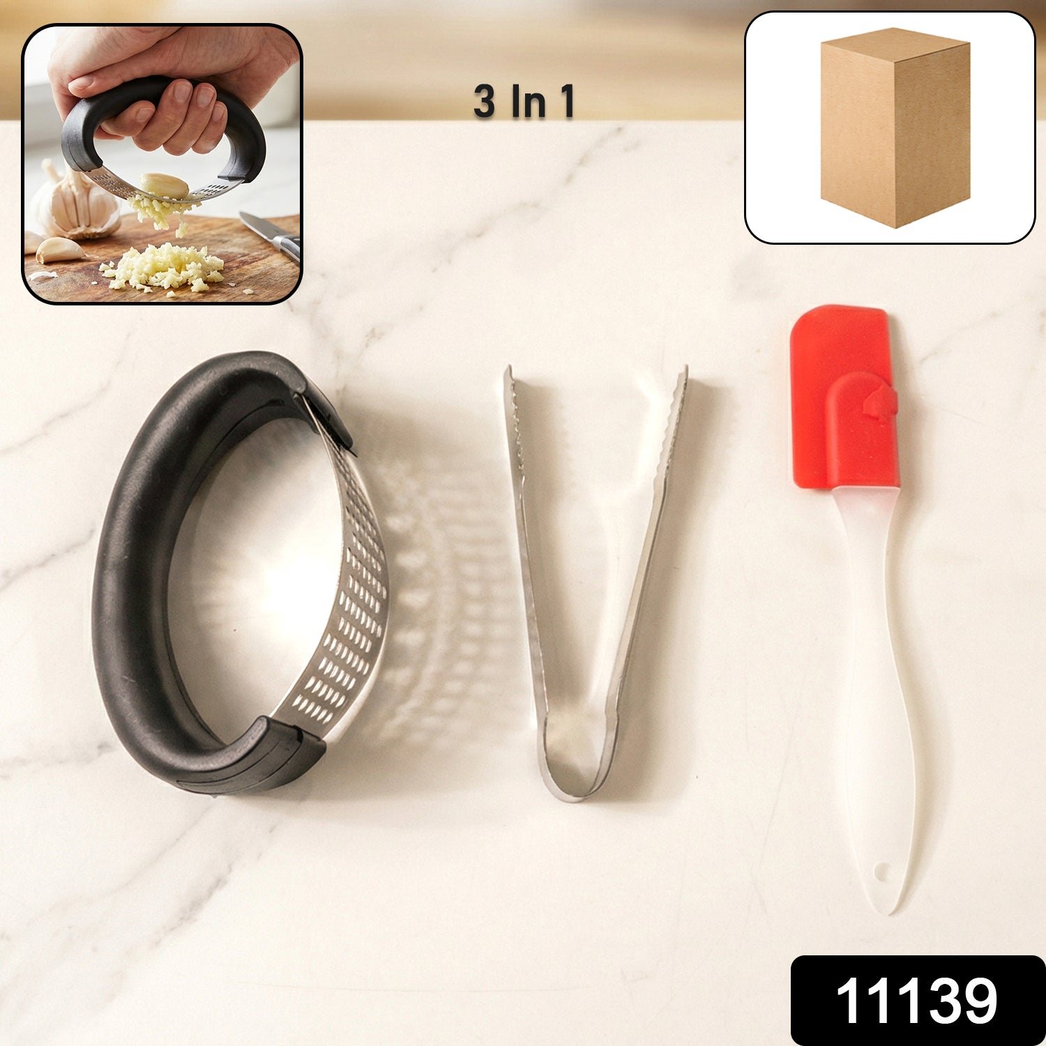 3-in-1 Kitchen Tool Set – Garlic Crusher, Tongs & Silicone Spatula