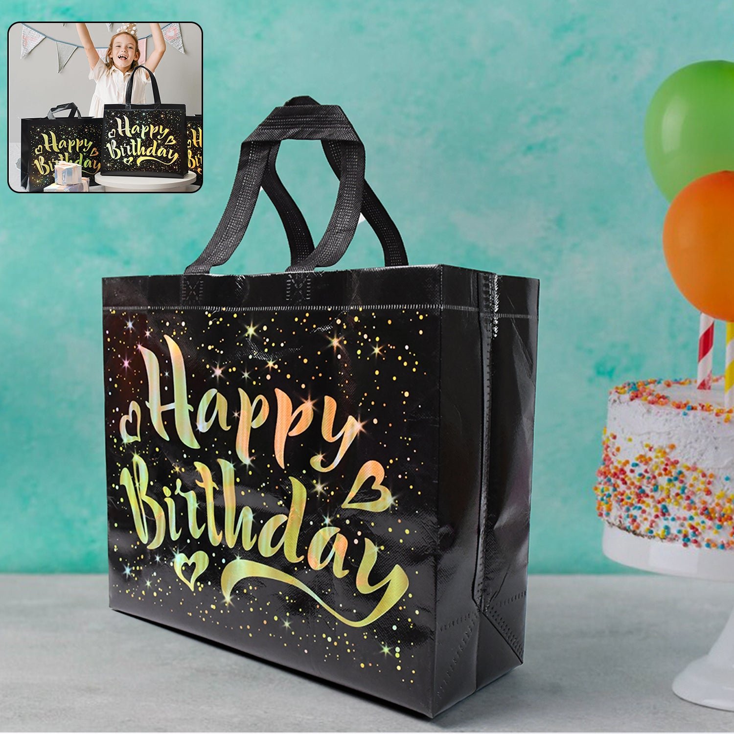 Birthday Gift Bag with Gold Stars – Reusable Black Tote