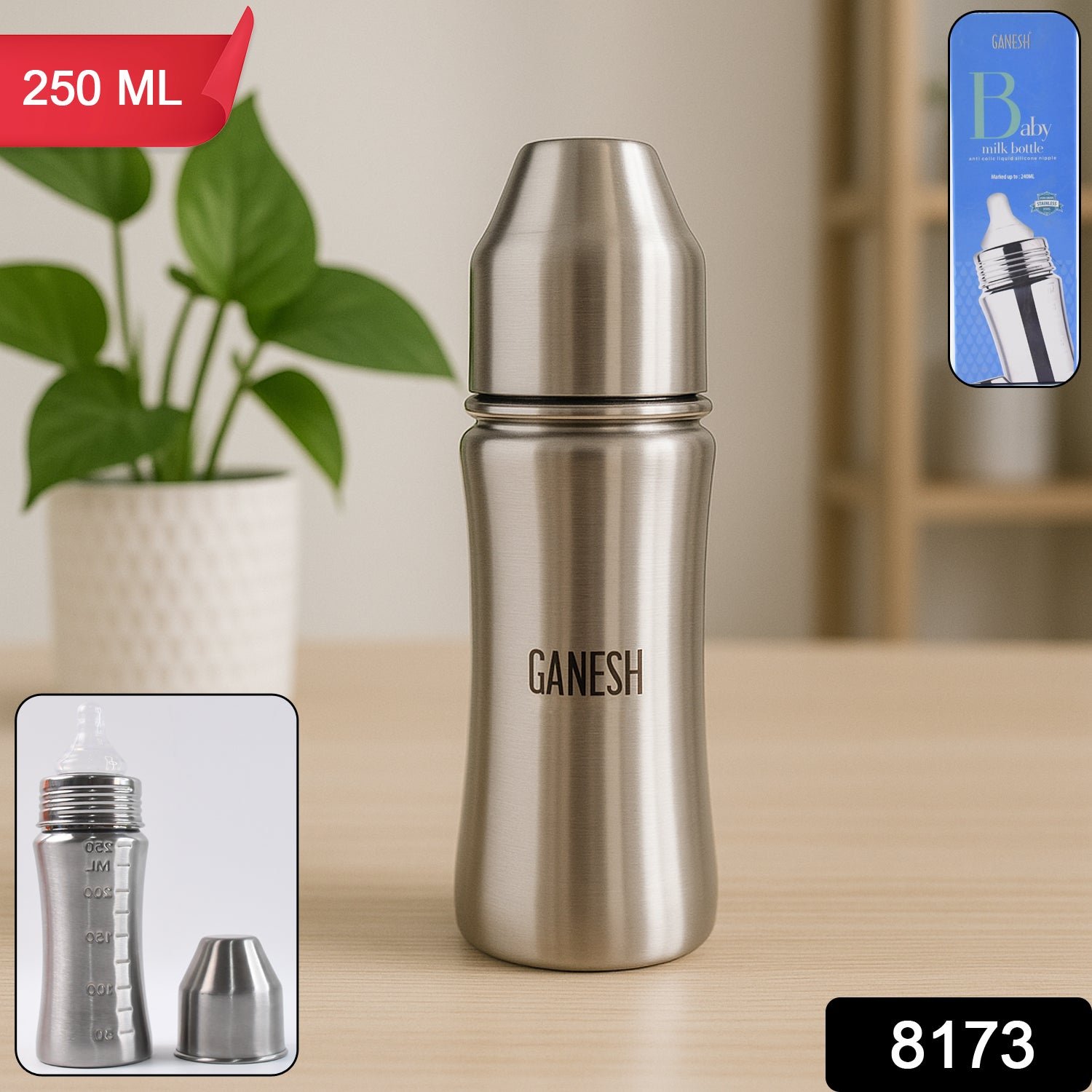 01_fee99ac7-7a55-472e-ba76-568732d472ff Ganesh Stainless Steel Baby Bottle – 250ml Anti-Colic Nipple