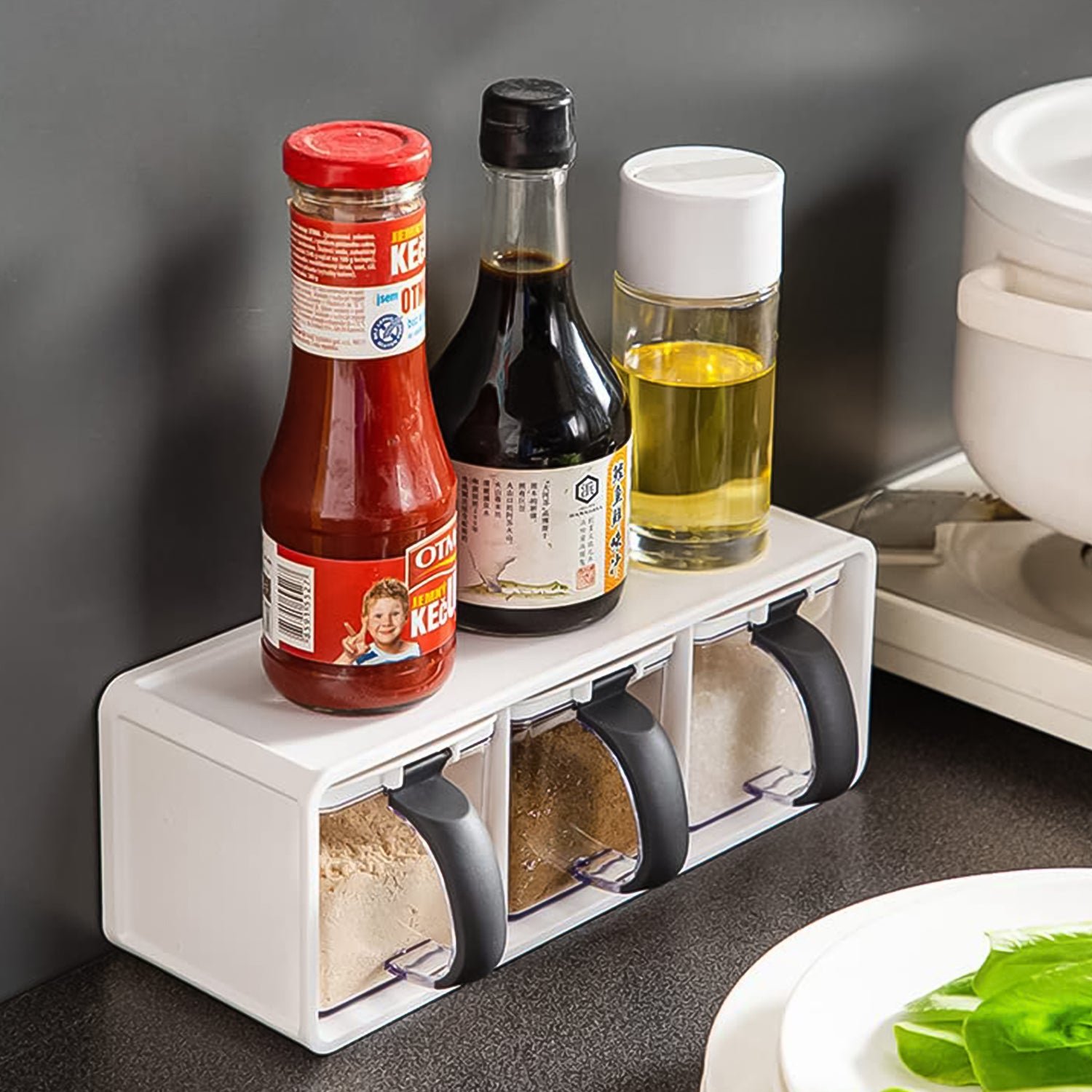Modular Spice Storage Box Set – 3-Pc with Stand & Spoons
