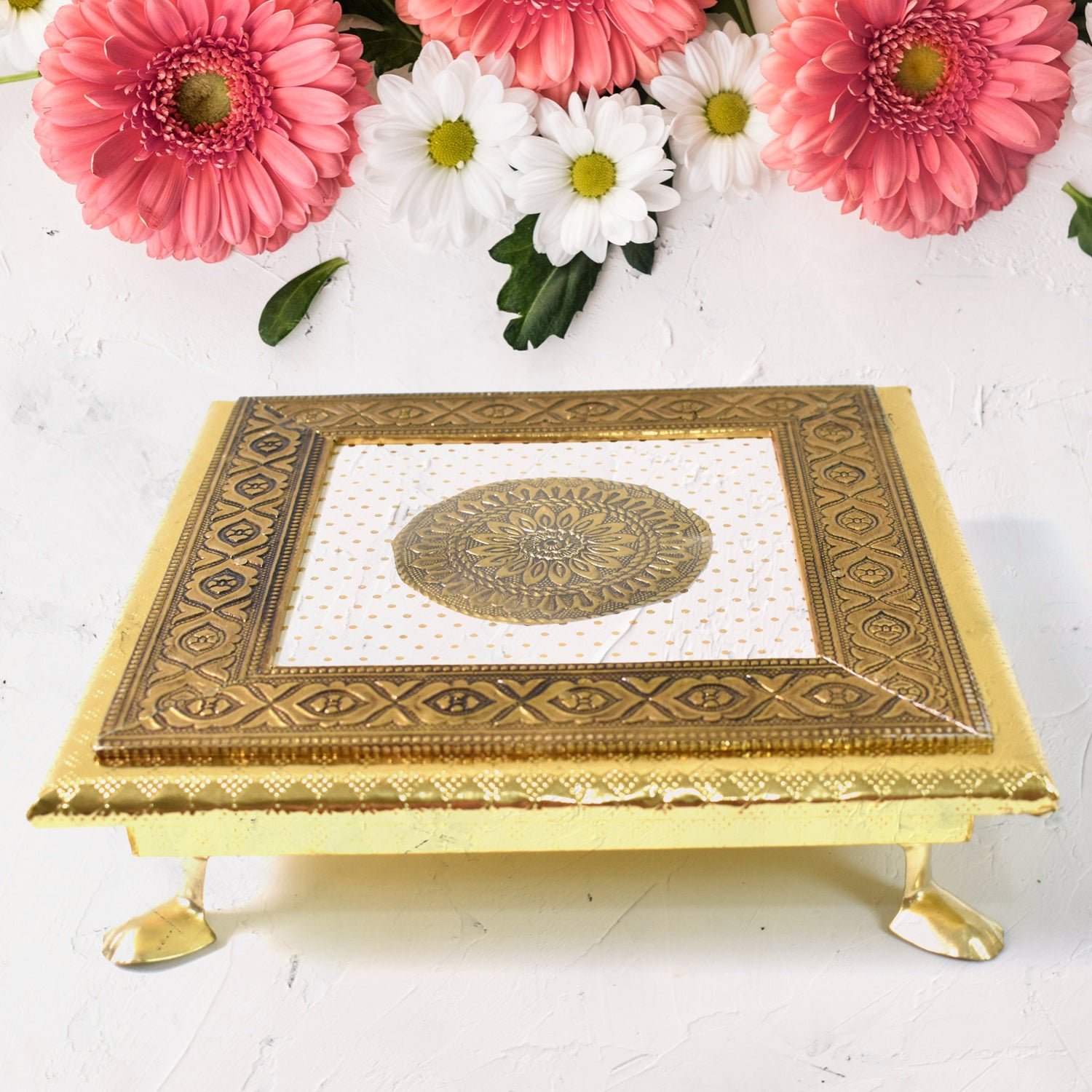 Pooja Chowki – Golden Square Wooden Bajot (20x20 CM) | Styleva