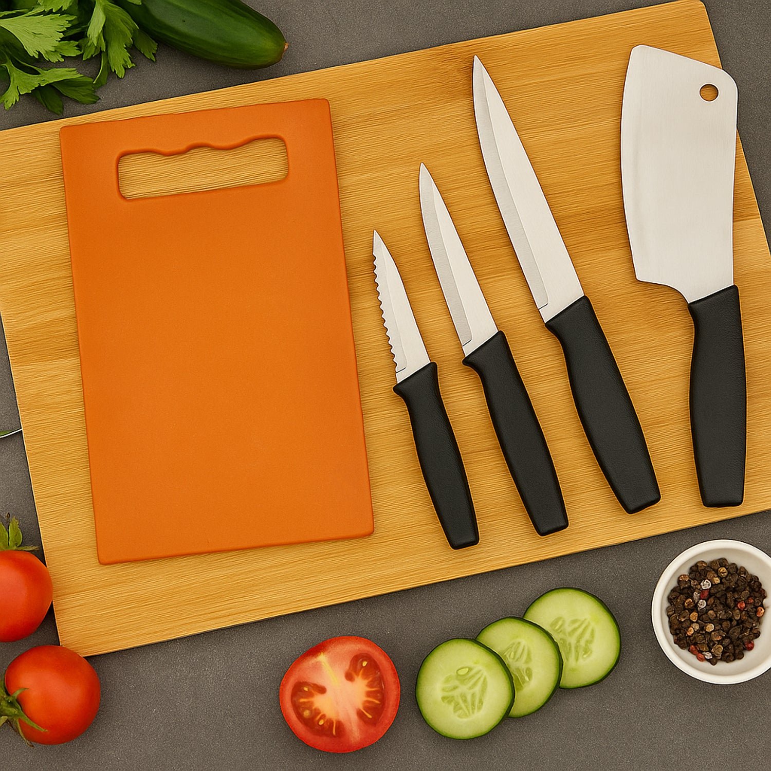 Kitchen Knife Set with Plastic Chopping Board – Pack of 5