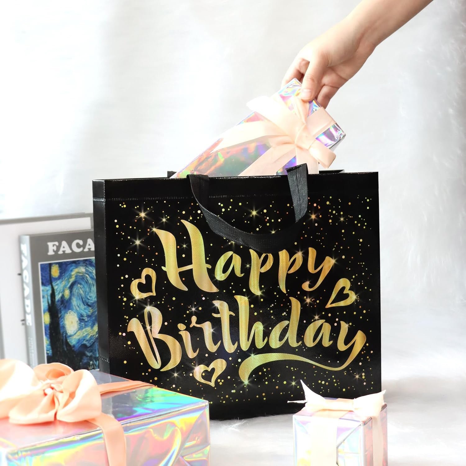 02_574b91ae-aa7d-4084-9466-4b9567caffb1 Birthday Gift Bag with Gold Stars – Reusable Black Tote