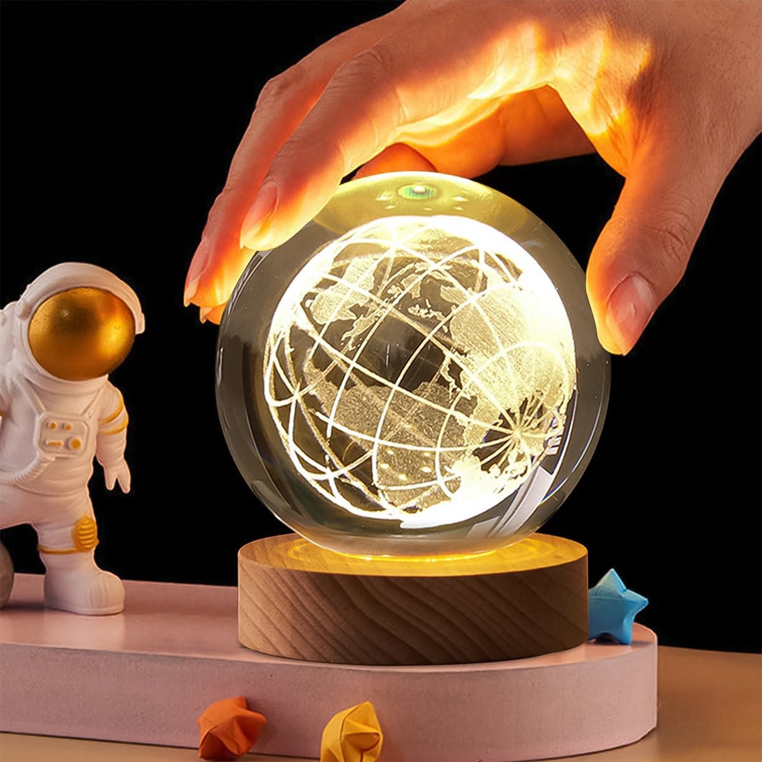 3D Crystal Ball Lamp – World Globe Design, Wooden Base | Indo Glow