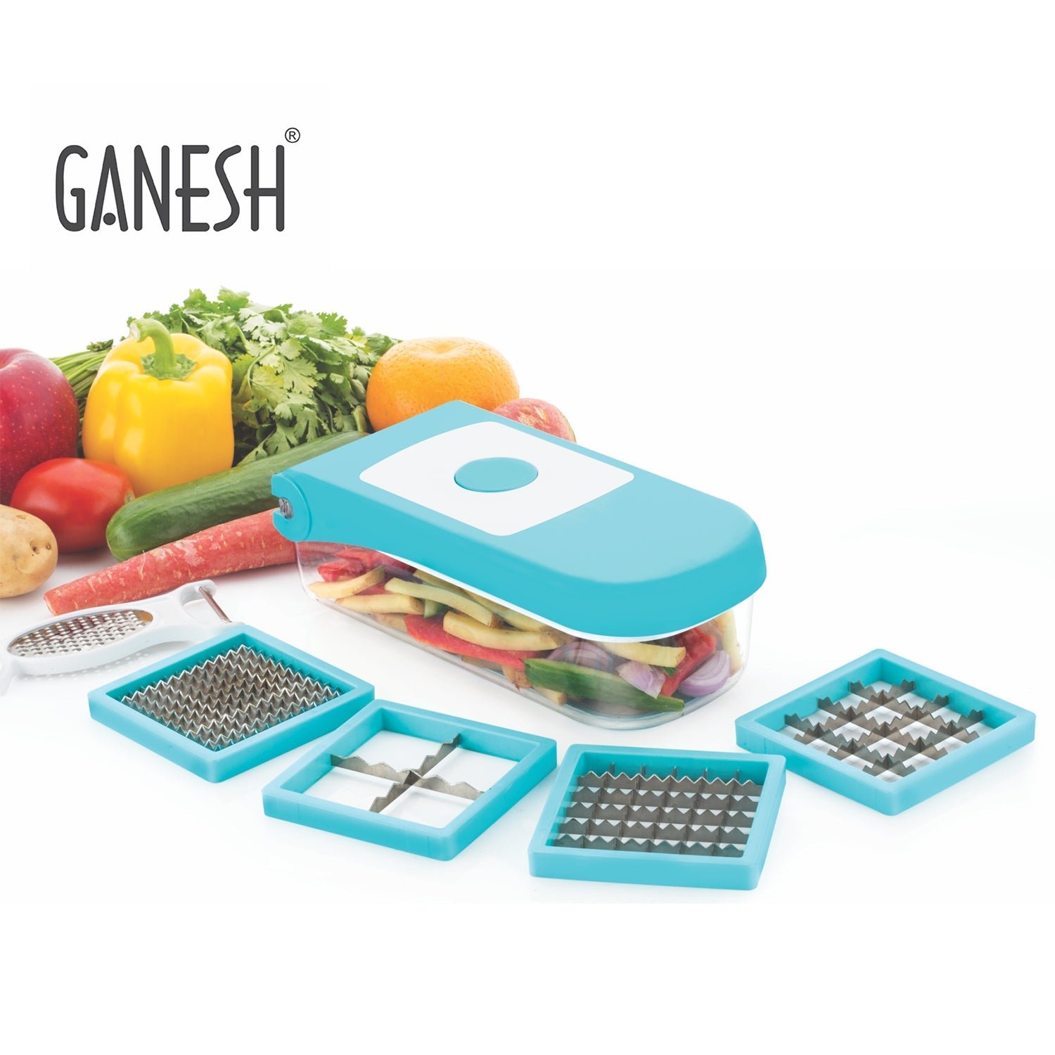 02_630abe0e-afde-49c1-8134-2c2f5d00f47e Vegetable Dicer 7-in-1 – Blue Plastic & Steel Blades | Ganesh