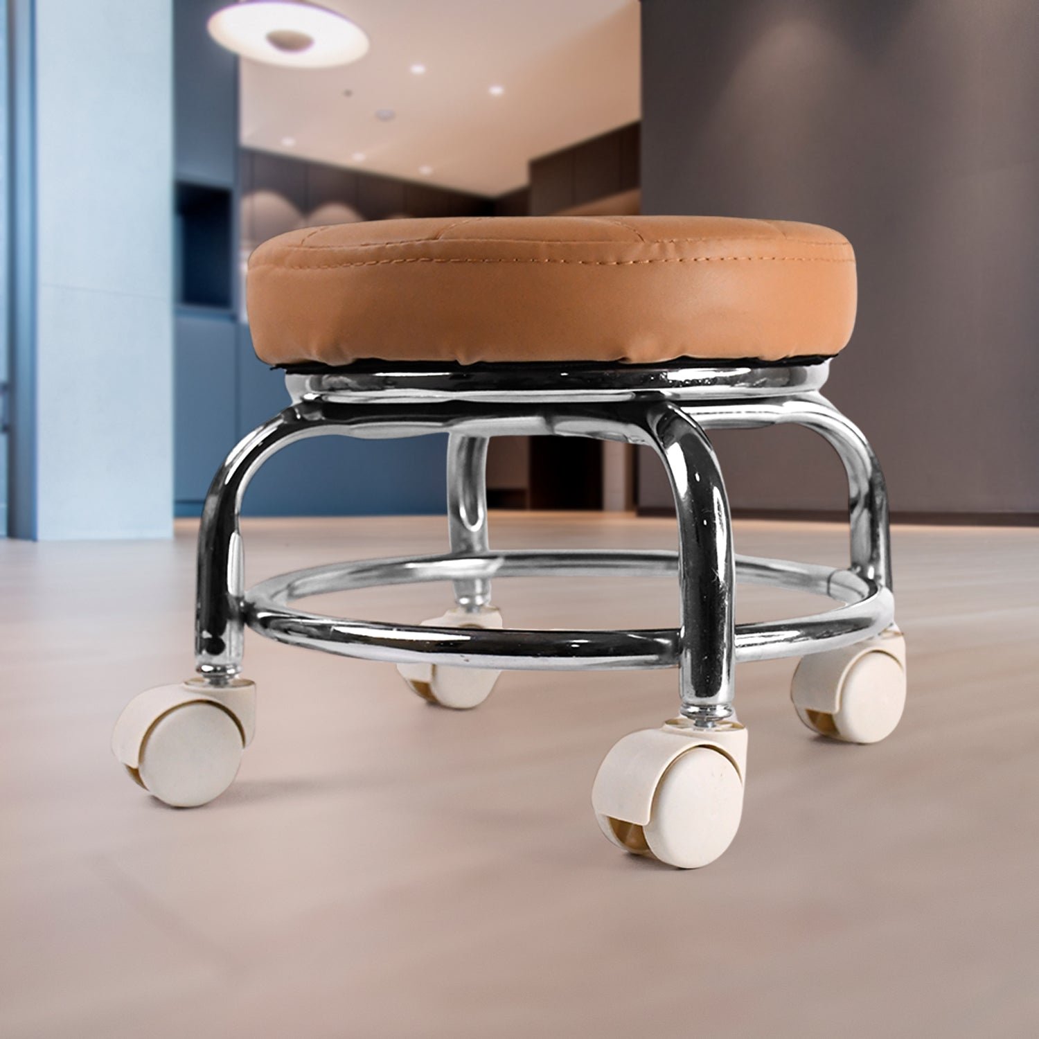 Rolling Stool with Steel Base & Cushioned Seat – Indo Glow