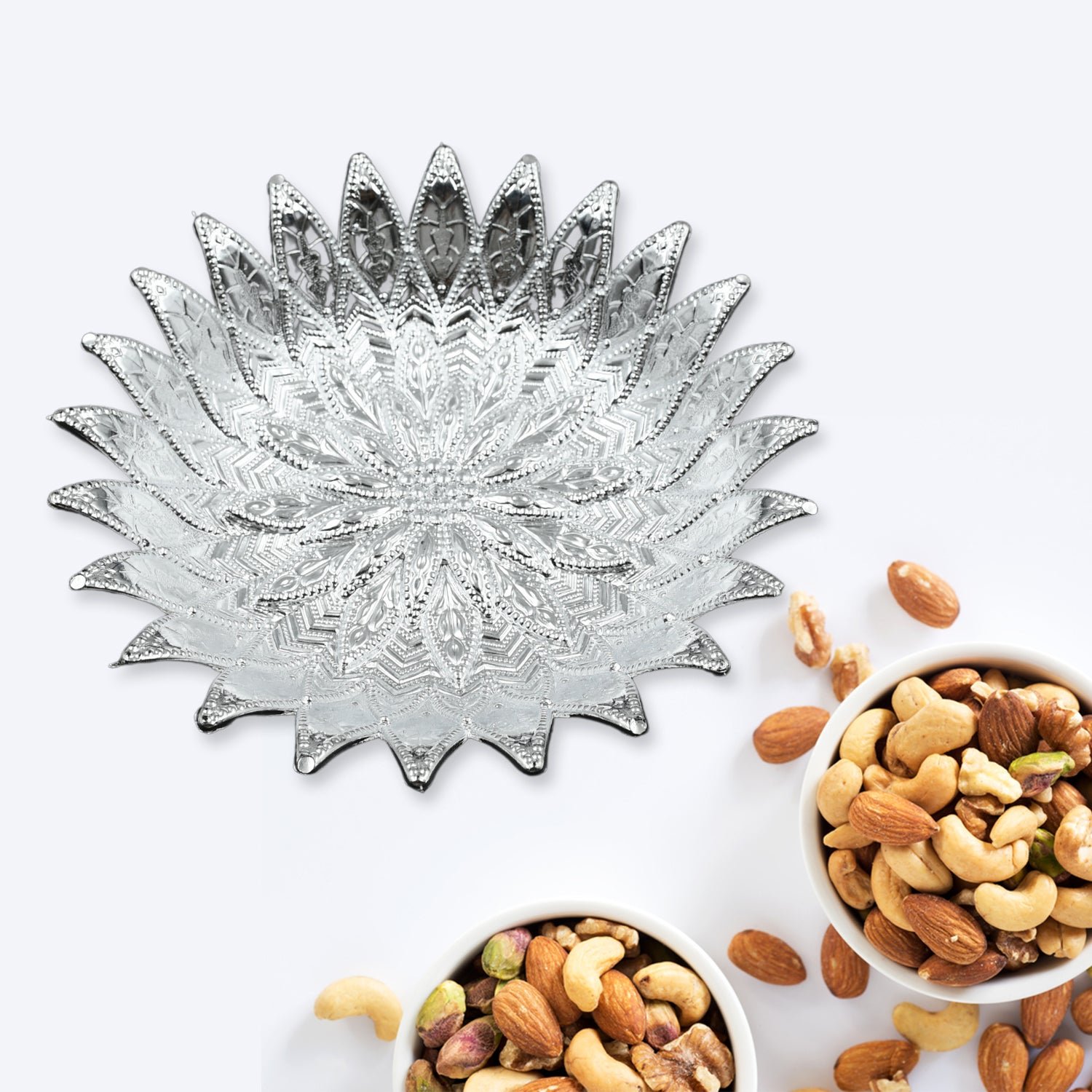 Silver Finish Serving Tray – Decorative Mukhwas & Dry Fruit Platter | Indo Glow