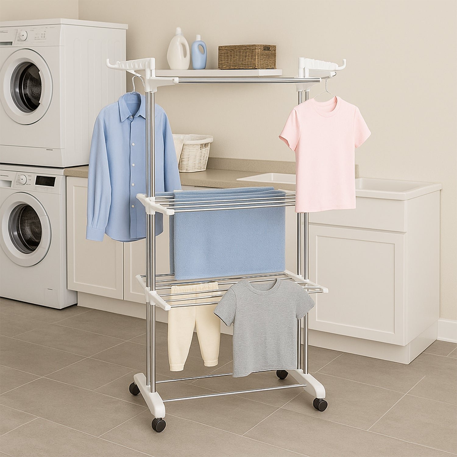 Cloth Drying Stand – 3-Tier Foldable Stainless Steel with Wheels
