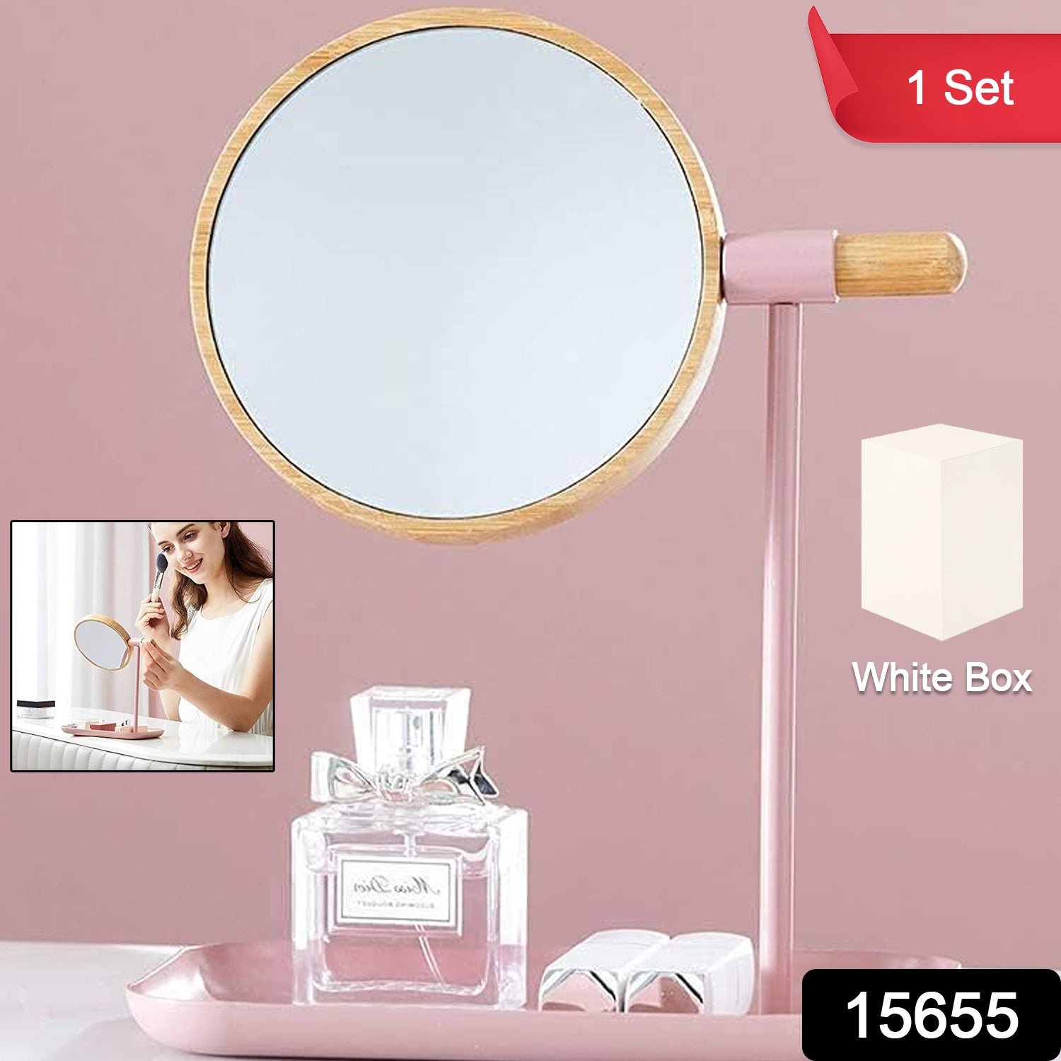 Tabletop Makeup Mirror – Modern Round Frame with Wooden Finish