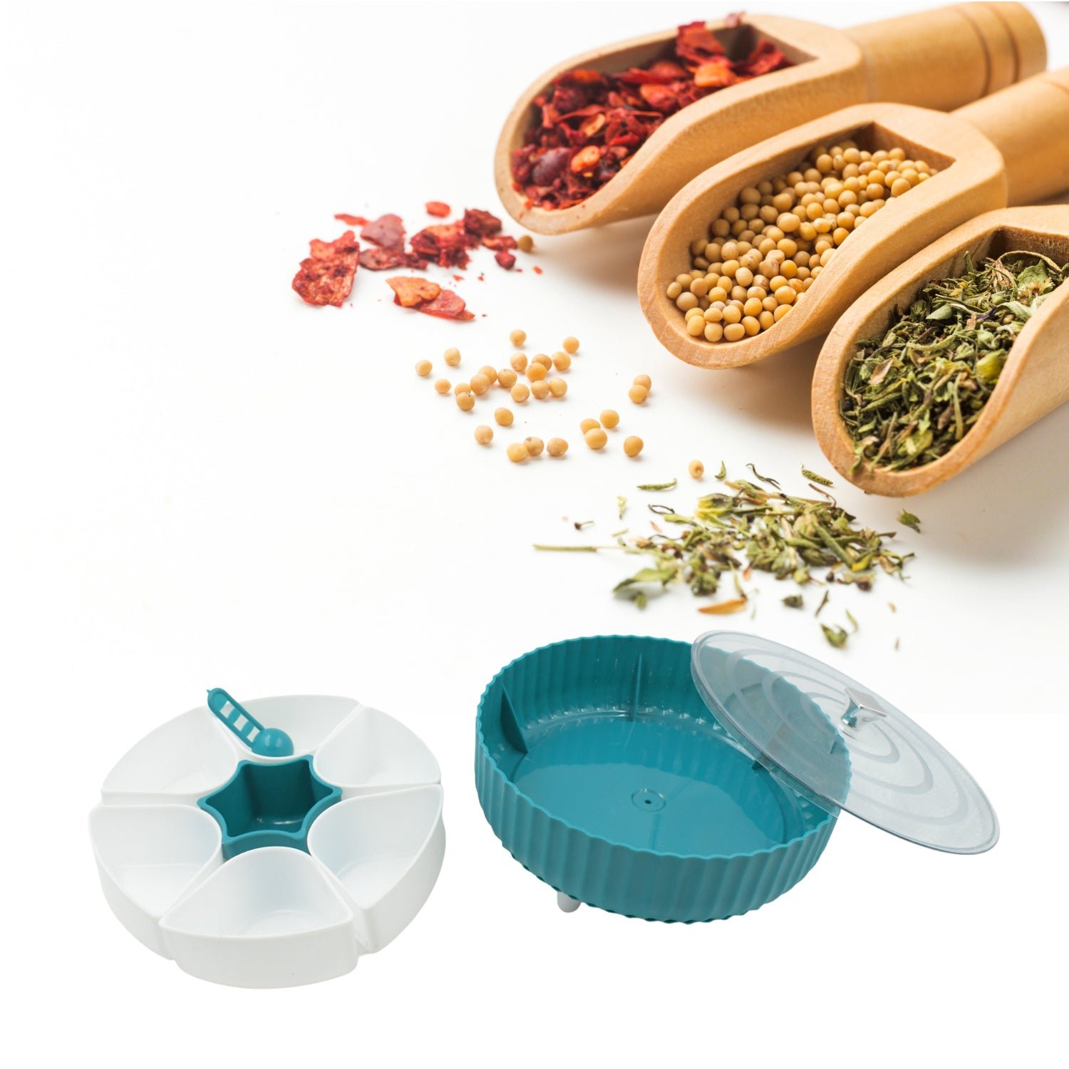 Revolving Dry Fruit Box – 7-Compartment Snack & Spice Organizer | Tidy Table