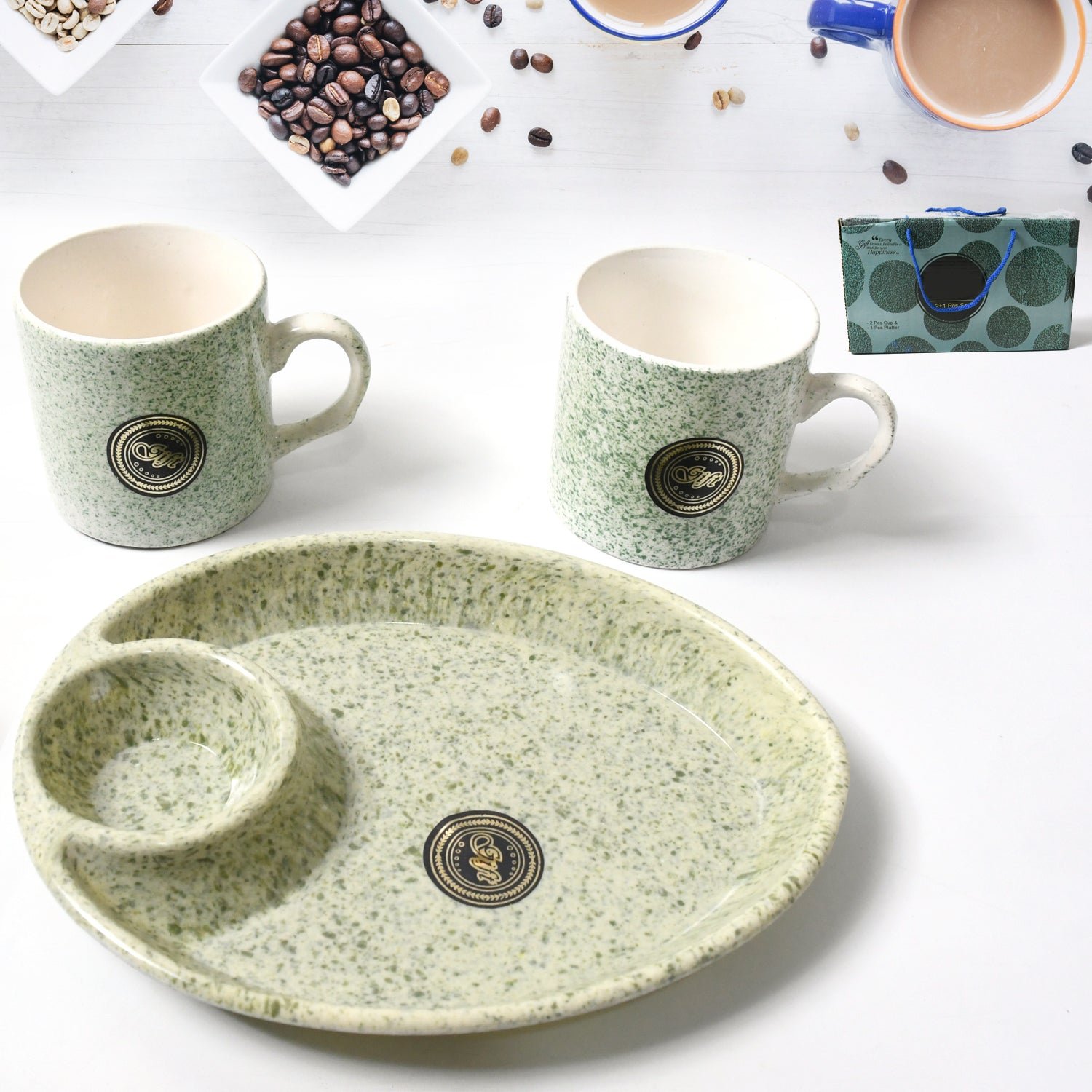 Ceramic Tea/Coffee Cup Set – 3-Piece with Platter | TableNest
