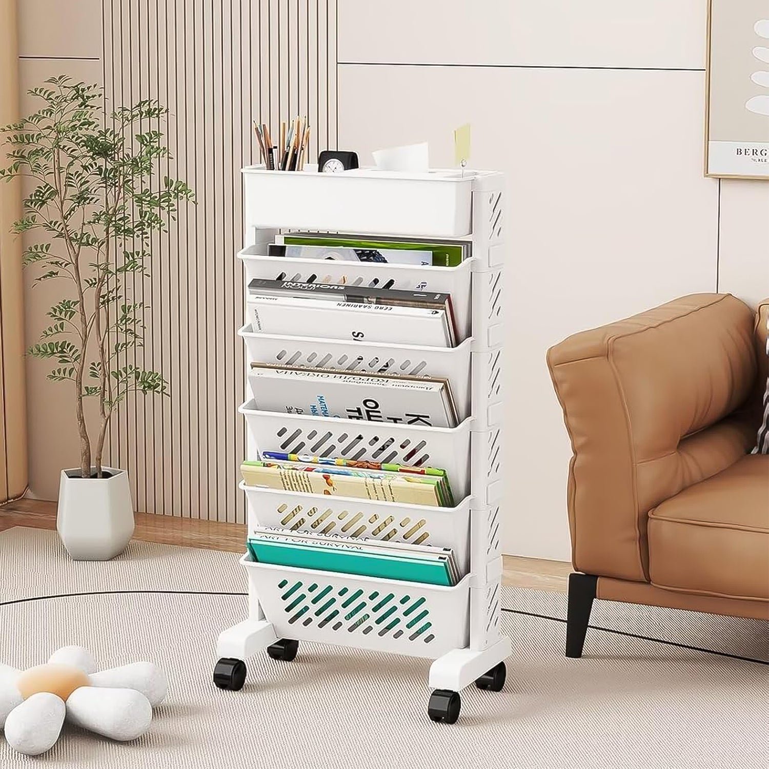 Movable Plastic Bookshelf – Large 5-Tier Rotatable Organizer