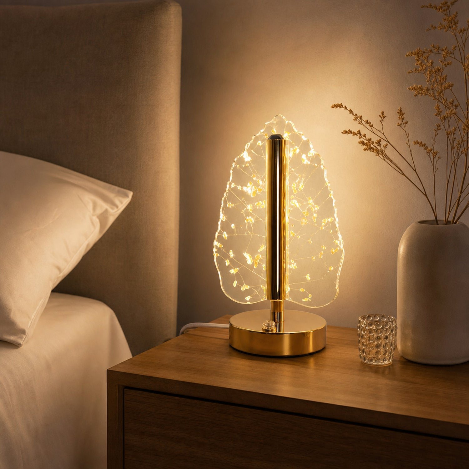 Golden Crystal Leaf LED Table Lamp – USB Charging & Warm Light