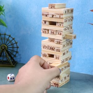 Wooden Tumbling Tower Game – 54 Numbered Blocks & Dice Set