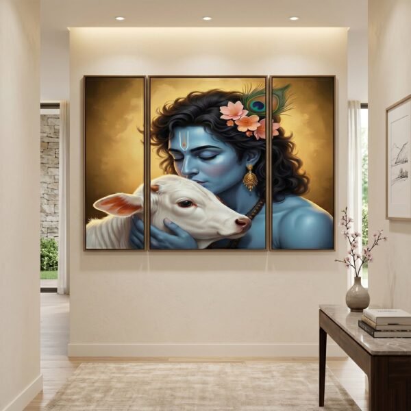 Krishna N Cow Wall Art – Vibrant 3 Panel MDF Design for Home