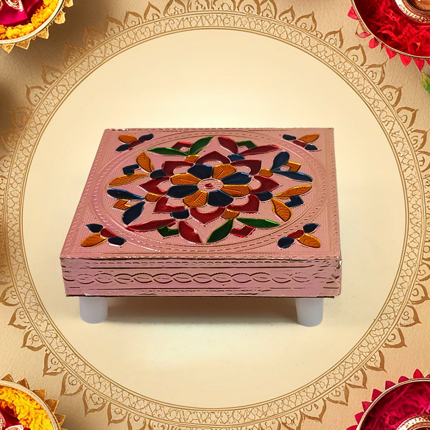 Meenakari Puja Chowki – Handcrafted Wooden Bajot Set | VoltDesk