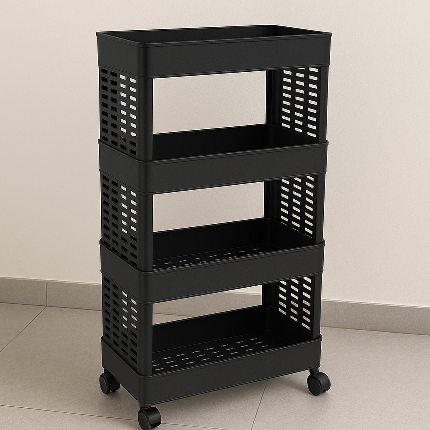 Plastic Storage Rack – 4-Layer Utility Trolley with Wheels | Organivo