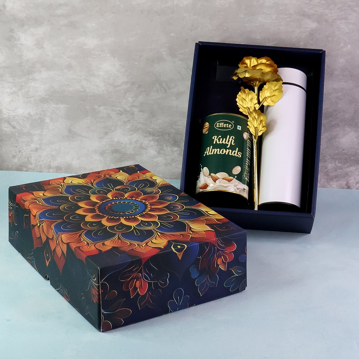 Kulfi Almonds Gift Hamper – Elegant Golden Rose & Stainless Steel Bottle