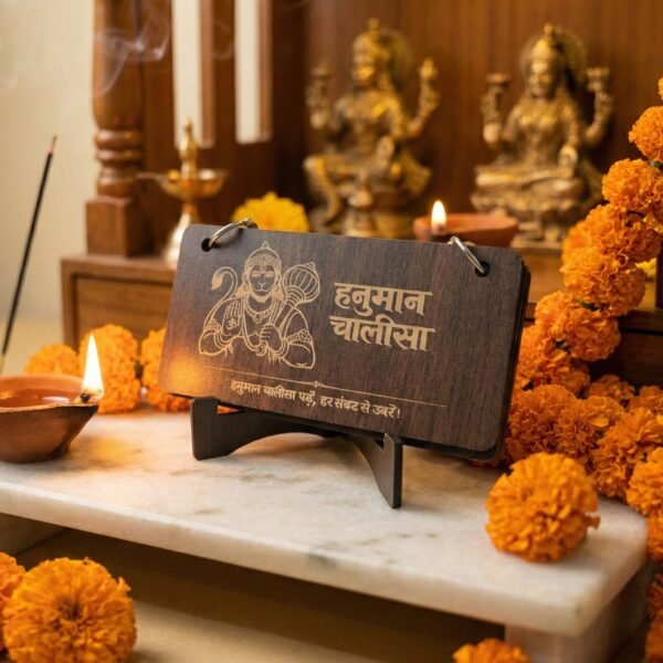 Wooden Hanuman Chalisa Flip Book – Engraved Devotional Prayer Set