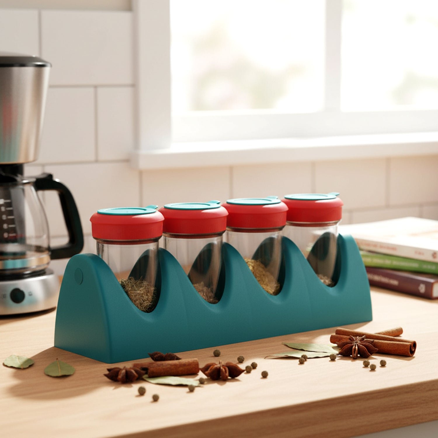4-in-1 Spice Shaker Set – Compact Kitchen Organizer with Stand