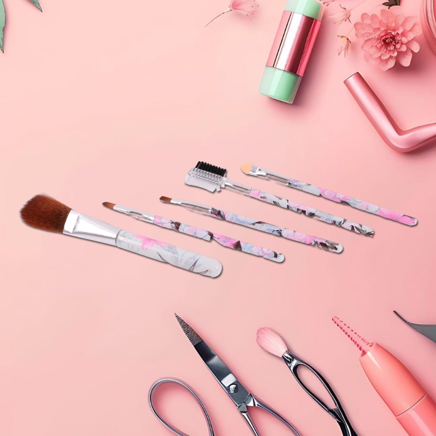 Makeup Brush Set – 5-Piece Floral Face, Eyes & Lips Kit