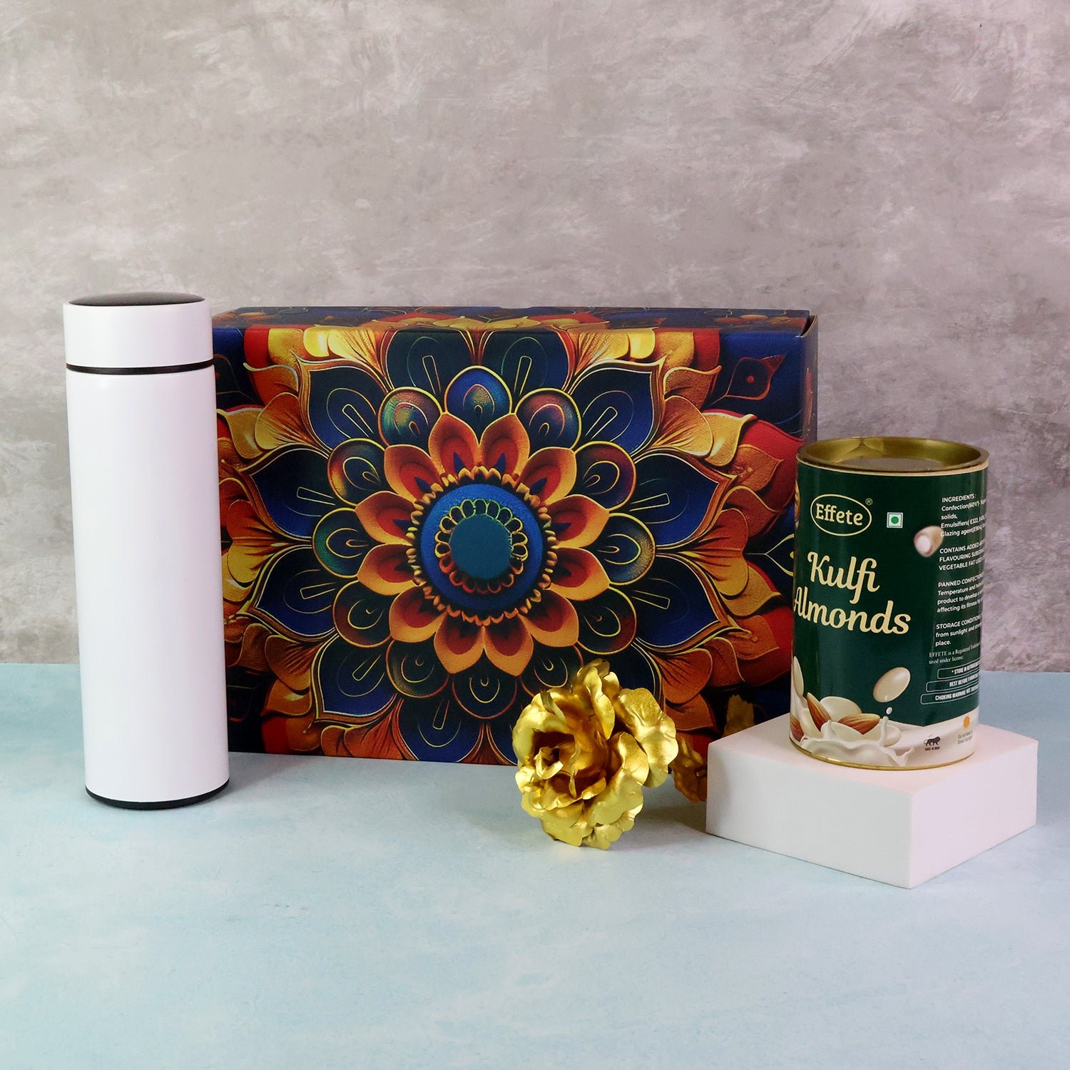 Kulfi Almonds Gift Hamper – Elegant Golden Rose & Stainless Steel Bottle