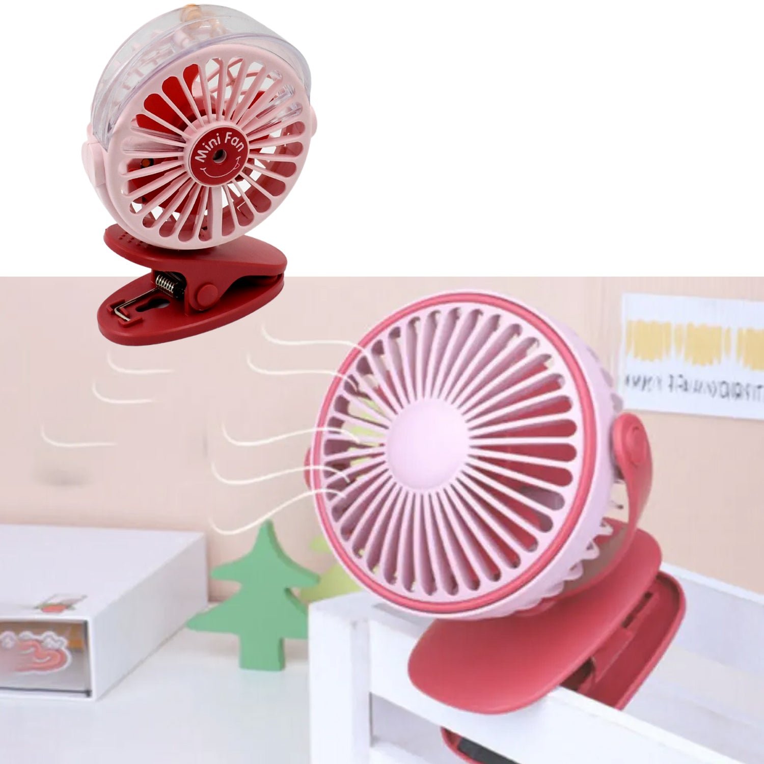 Portable Clip-on Fan – USB, 3-Speed, Light & Spray |