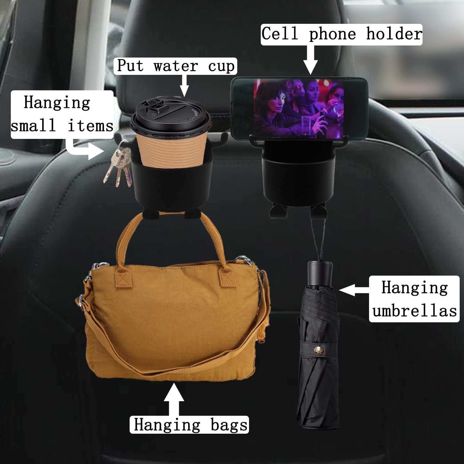 Car Headrest Organizer – 3-in-1 Cupholder & Phone Holder for Travel