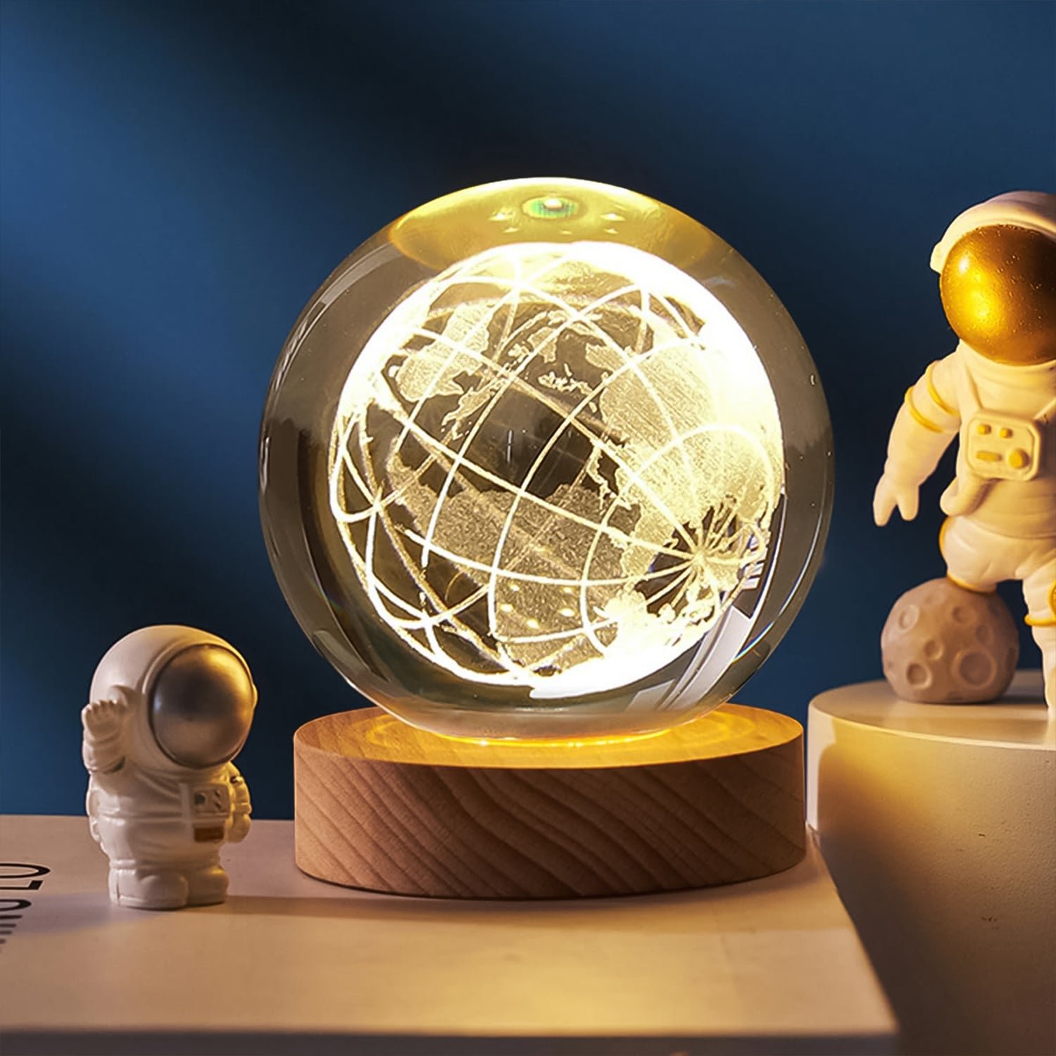 3D Crystal Ball Lamp – World Globe Design, Wooden Base | Indo Glow