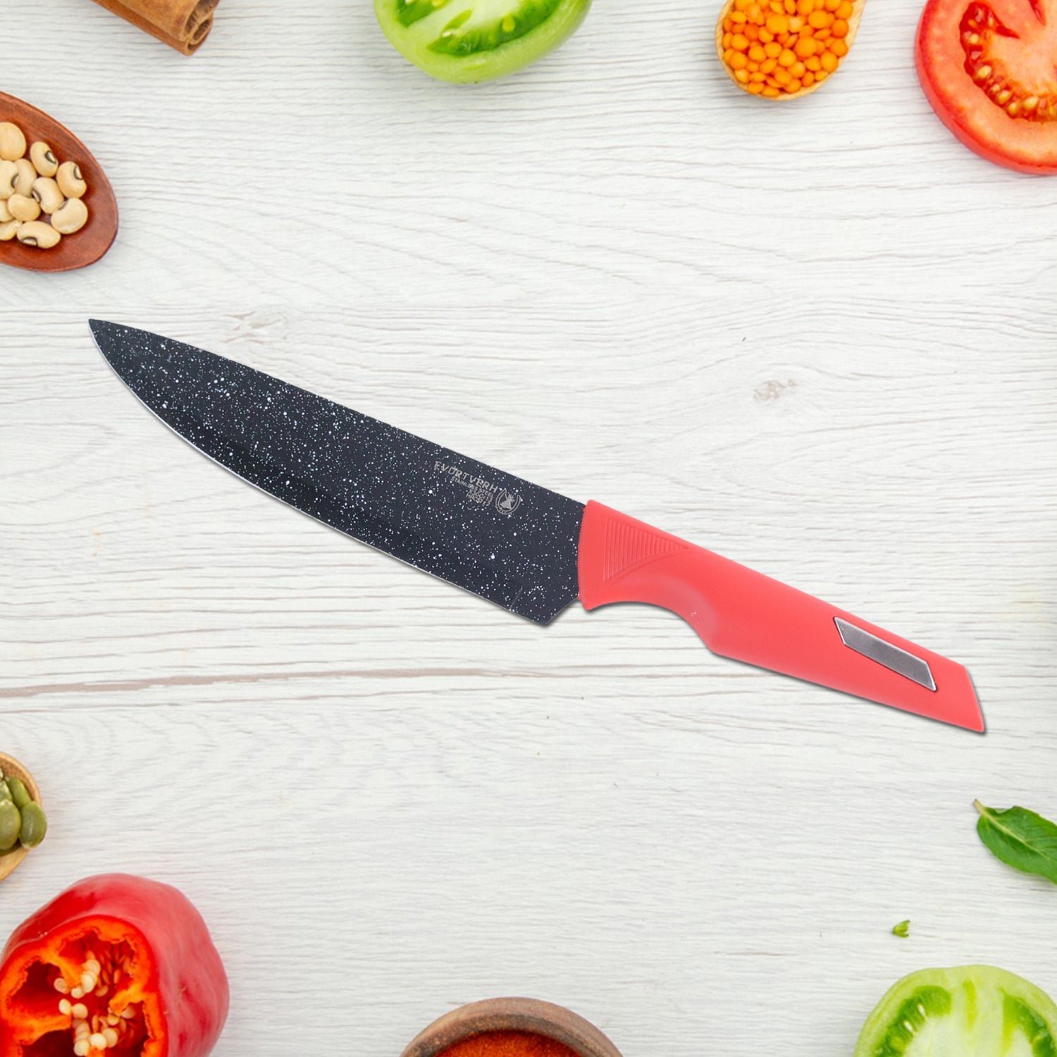 Kitchen Knife Set – Marble-Coated Blades & Ergonomic Red Handles