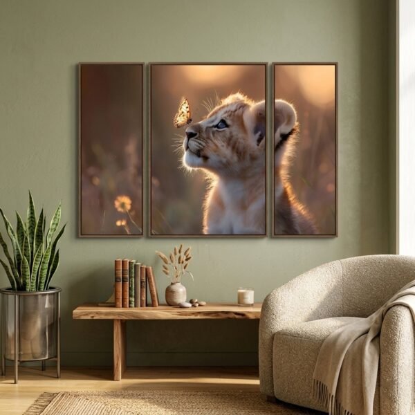 Lion Cub Wall Art – Vibrant 3-Panel MDF Wall Decor
